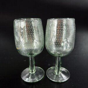 Light Transparent Green Drinking Goblets Glasses Set 2 With Textured Air Bubbles